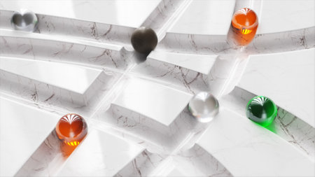 Colored balls roll around the white marble labyrinth. White, orange, green, black sphere. 3d illustration. High quality 3d illustrationの写真素材