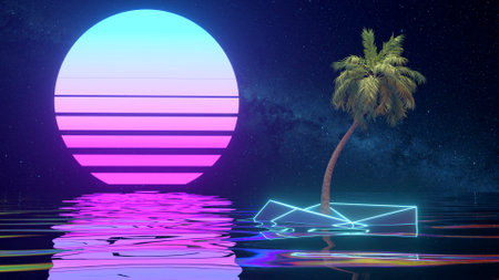 Retro concept. Album's cover. Palm tree on a neon sunset background. Water surface. Blue pink color....