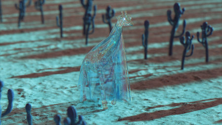Wildlife and animals concept. Elegant diamond giraffe in transparent clothes walks on the sand....