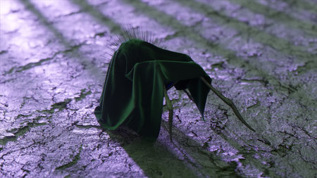 The concept of disguise. A black karakurt in clothes walks on dry ground. Black green mantle....