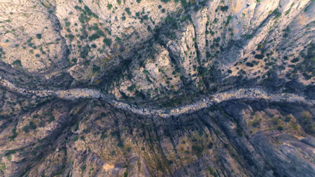 Aerial drone view of dry mountain river. Stone gorge. Green plants on the rocks. Beautiful landscape. High quality photoの写真素材