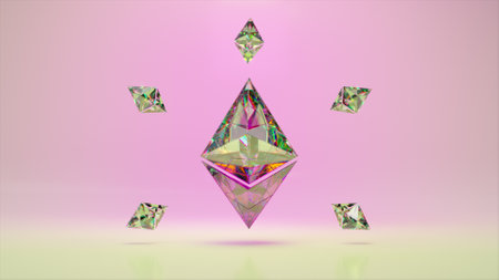 A large diamond Ethereum surrounded by small Ethereums. Logo. Cryptocurrency. pink background. 3d...