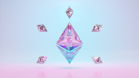 A large diamond Ethereum rotates surrounded by small Ethereums. Logo. Cryptocurrency. Blue pink...