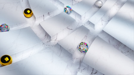 Diamond and gold and glass balls roll through the white marble labyrinth. 3d illustration. High quality 3d illustrationの写真素材