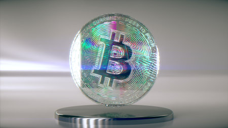 Cryptocurrency mining concept. Diamond bitcoin on a metal platform. White blue color. Coin. 3d...