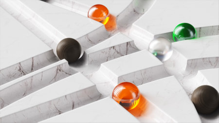 Colored balls roll around the white marble labyrinth. White, orange, green, black sphere. 3d illustration. High quality 3d illustrationの写真素材
