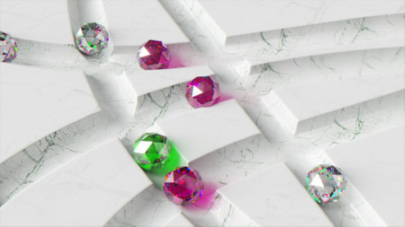 Colored diamond balls roll across the white marble labyrinth. Green, purple sphere. 3d illustration. High quality 3d illustrationの写真素材