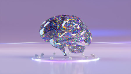 Abstract concept. Large diamond brain stands on a platform surrounded by small brains. Blue white...