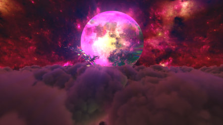Diamond dolphins jump out of the clouds against the backdrop of the moon. Red color. 3d...