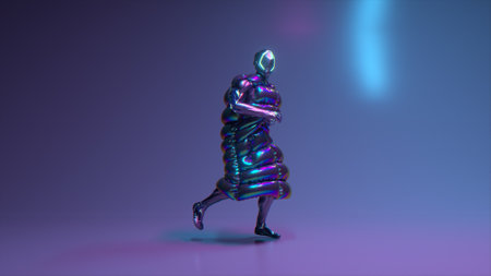 Cyberpunk guy dancing on a disco background. Flashing light. Jacket. Helmet. Blue neon color. 3d illustration. High quality 3d illustrationの写真素材