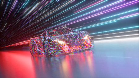 3d rendering of a car with neon lights in the background.の写真素材