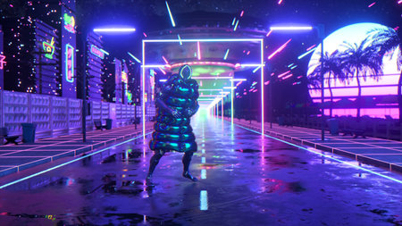 Cyberpunk guy dancing. Sunset background. Night city. Road. Blue neon. Futuristic concept. UFO. 3d...