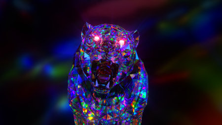 Abstract polygonal tiger with multicolored lights on a black backgroundの写真素材