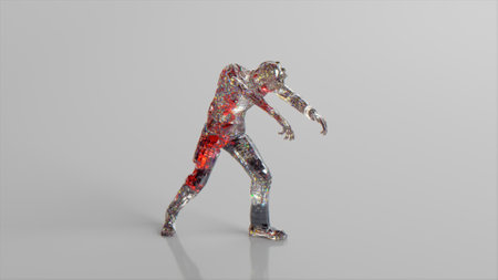 Walking diamond zombie. Horror film. Monster concept. Low poly. White red color. 3d illustration....