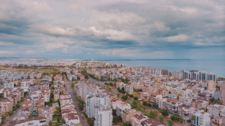 Aerial drone view of resort town on the background of the sea. Top view of houses and hotels. High quality photoの写真素材