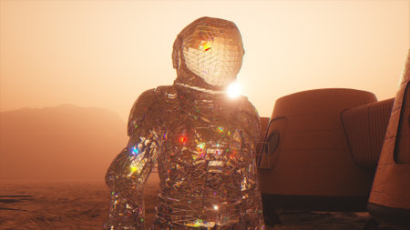 Cosmos concept. A diamond astronaut walks across against the backdrop of a space base. 3d...