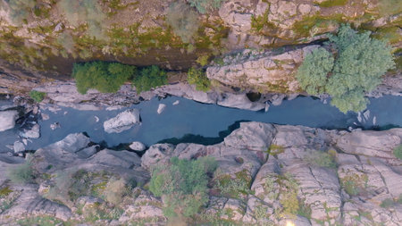 Top view of the mountain river. Rocky shores. Aerial drone view. Green trees and shrubs on the rocks. High quality photoの写真素材