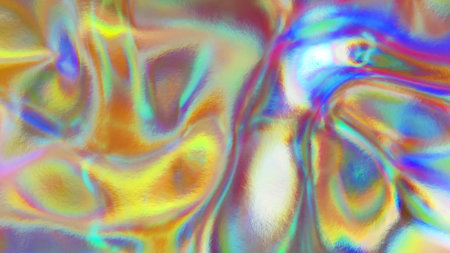 Abstract concept. Holographic liquid surface. Multicolor iridescent texture. Blue yellow color. 3d...