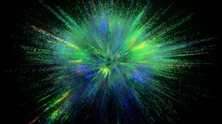 An explosion of colors on a dark background. Blue green color. Multicolored particles. 3d illustration. High quality 3d illustrationの写真素材
