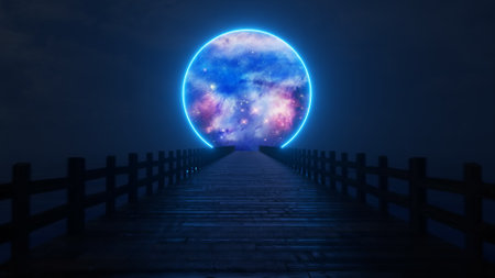 Flying along the endless wooden bridge across the ocean to his dream. Space circle with neon lighting ahead. 3D illustrationの写真素材