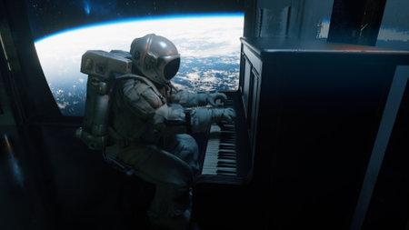 Astranaut in a spacesuit plays the piano in a spaceship overlooking the planet earth. Space and music concept. 3d illustrationの写真素材
