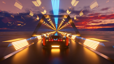 The car rushes at high speed through an endless neon technology tunnel. Futuristic concept.3d...