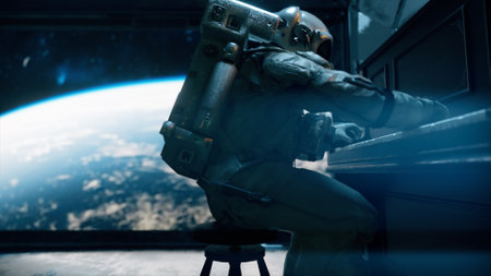 Astranaut in a spacesuit plays the piano in a spaceship overlooking the planet earth. Space and...