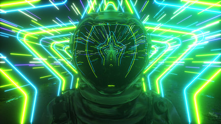 An endless neon tunnel of stars moves along the astronaut. Bright space concept. Reflections in the...