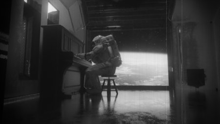 Astranaut in a spacesuit plays the piano in a spaceship overlooking the planet earth. Space and music concept. Old film effect. Black and white. 3d illustrationの写真素材