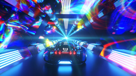 The car rushes at high speed through an endless neon technology tunnel. Futuristic concept.3d...