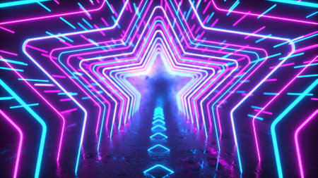 Abstract neon background. Neon stars and lines move through space. Reflection. Futuristic background. Neon traffic. 3d illustrationの写真素材