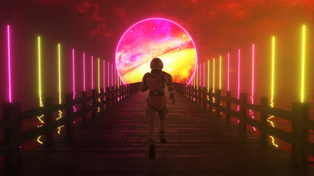 Astranaut runs along the endless wooden bridge across the ocean to his dream. Space circle with neon...