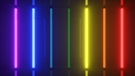 Neon halogen rainbow multicolored lamps glow with futuristic bright reflections 3d illustrationの写真素材