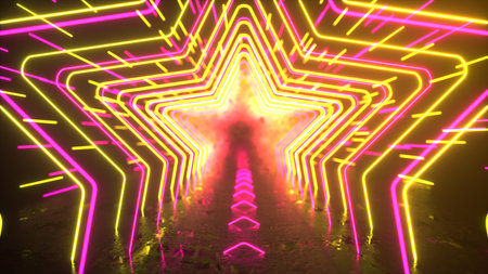 Abstract neon background. Neon stars and lines move through space. Reflection. Futuristic background. Neon traffic. 3d illustrationの写真素材