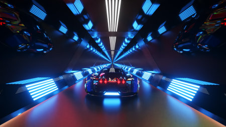 The car rushes at high speed through an endless neon technology tunnel. Futuristic concept.3d illustrationの写真素材
