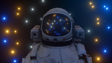 Astronaut surrounded by flashing neon lights. Music and nightclub concept. 3D illustrationの写真素材