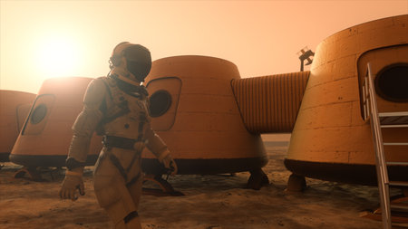 Astronaut on the planet Mars, making a detour around his base. Astronaut walking along the base....