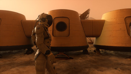 Astronaut on the planet Mars, making a detour around his base. Astronaut walking along the base....