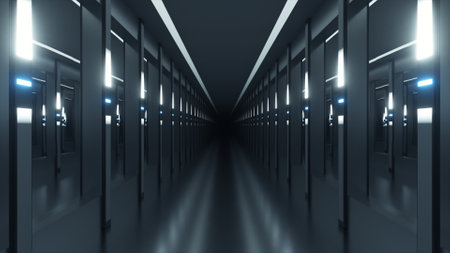 Sci-fi tunnel or spaceship corridor. The camera pans down a neon-lit corridor. Future concept. 3D illustrationの写真素材