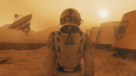 Astronaut on the planet Mars, making a detour around his base. Astronaut walking along the base. Small dust storm. The satellite dish sends data to the ground. 3D illustrationの写真素材