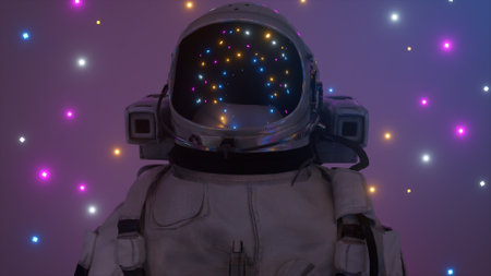 Astronaut surrounded by flashing neon lights. Music and nightclub concept. 3D illustration