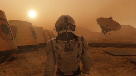 Astronaut on the planet Mars, making a detour around his base. Astronaut walking along the base. Small dust storm. The satellite dish sends data to the ground. 3D illustrationの写真素材