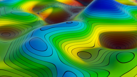 Abstract background of topographic map concept. Contour map stripes. Valleys and mountains. Geography concept. Wavy backdrop. Magic neon light curved swirl line. 3D illustrationの写真素材