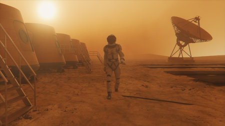 Astronaut on the planet Mars, making a detour around his base. Astronaut walking along the base....