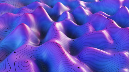 Abstract background of topographic map concept. Contour map stripes. Valleys and mountains. Geography concept. Wavy backdrop. Magic neon light curved swirl line. 3D illustrationの写真素材