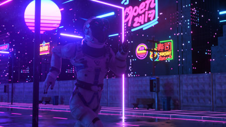 An astronaut runs down the street in a neon city. 80s background. Retro style. Futuristic concept. 3D illustrationの写真素材