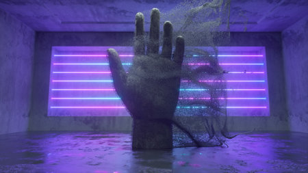 A stone human hand emitting millions of particle streams in a future sci-fi room with modern neon lighting. Abstract 3d illustrationの写真素材