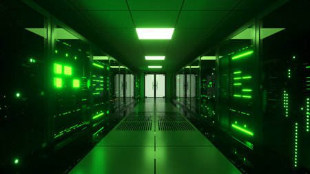Digital data transmission to data servers behind glass panels in a data center server room. High...