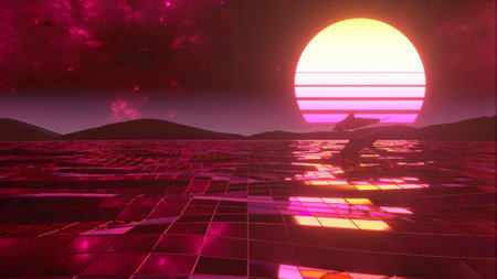 Retro 80s style. Fly endlessly over the digital ocean. Dolphins are jumping over the water. Colorful...