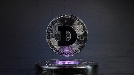 Dogecoin in a futuristic future room with neon lighting. Cryptocurrency concept. 3d illustrationの写真素材